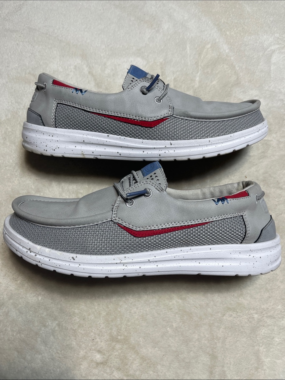 Hey Dude Men's Gray Boat Shoes with Red Accent Size 9